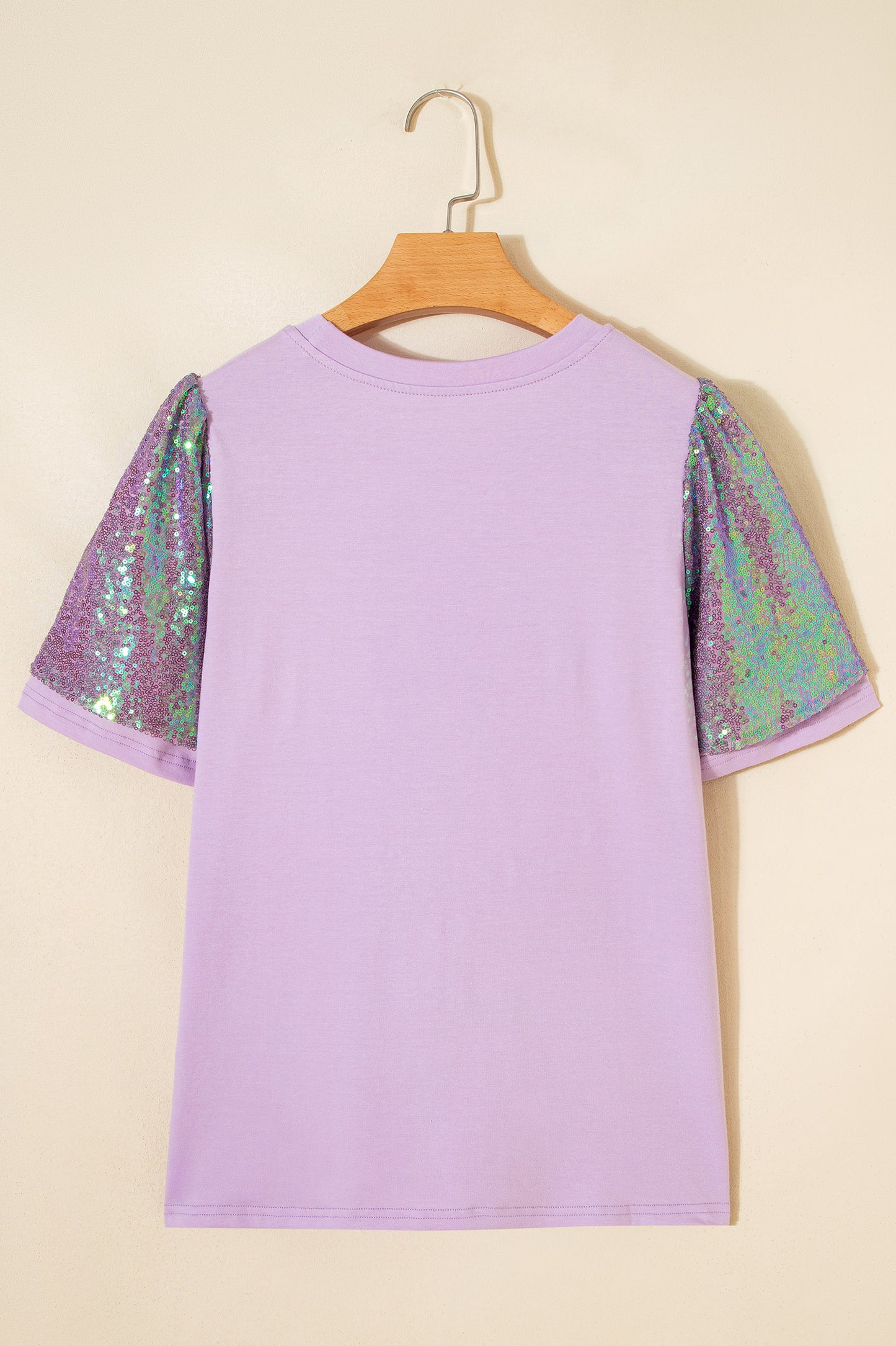 Orchid Petal Sequined Mardi Gras Graphic Patchwork T Shirt-Tops/Tops & Tees-[Adult]-[Female]-2022 Online Blue Zone Planet