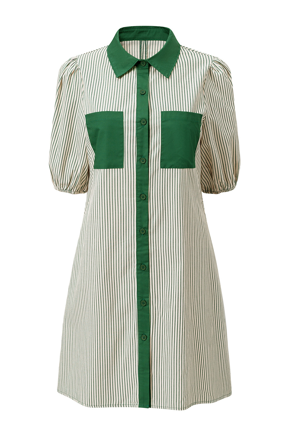 Green Stripe Color Block Patchwork Shirt Collar Button Down Puff Sleeve Mini Dress-TOPS / DRESSES-[Adult]-[Female]-2022 Online Blue Zone Planet
