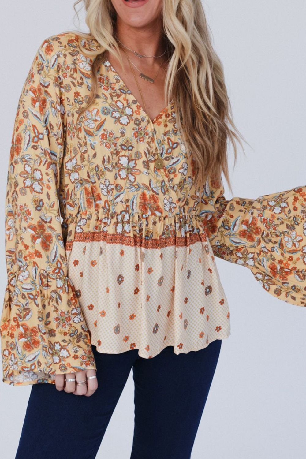 Blue Zone Planet | Peplum Printed Surplice Flare Sleeve Blouse-TOPS / DRESSES-[Adult]-[Female]-2022 Online Blue Zone Planet
