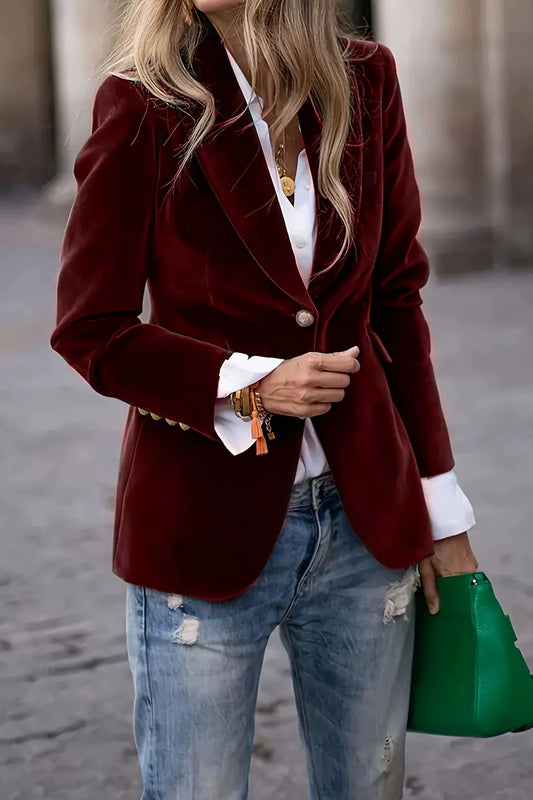 Lapel Collar One Button Blazer-TOPS / DRESSES-[Adult]-[Female]-Burgundy-S-2022 Online Blue Zone Planet