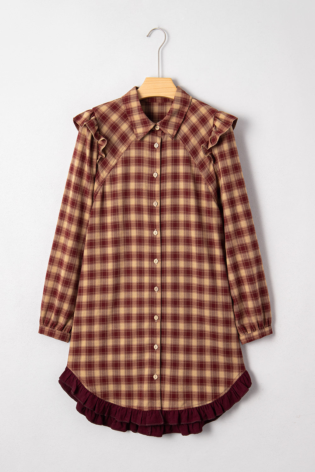 Red Plaid Print Ruffled Long Sleeve Patchwork Hem Mini Shirt Dress-TOPS / DRESSES-[Adult]-[Female]-2022 Online Blue Zone Planet