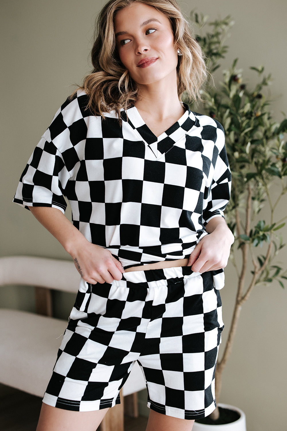 Blue Zone Planet | Black Checkerboard Print V Neck Loose Tee and Shorts Lounge Set-Loungewear & Sleepwear/Loungewear-[Adult]-[Female]-2022 Online Blue Zone Planet