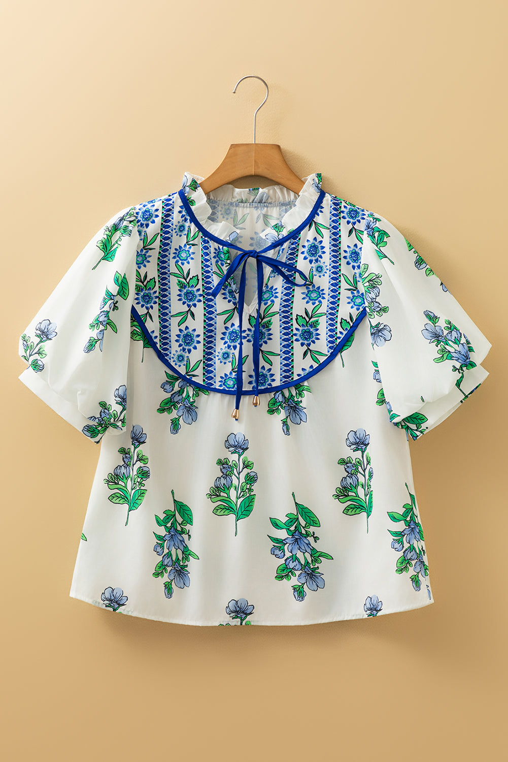 Beige Floral Print Piping Trim Tie Neck Short Sleeve Blouse-Tops/Blouses & Shirts-[Adult]-[Female]-2022 Online Blue Zone Planet