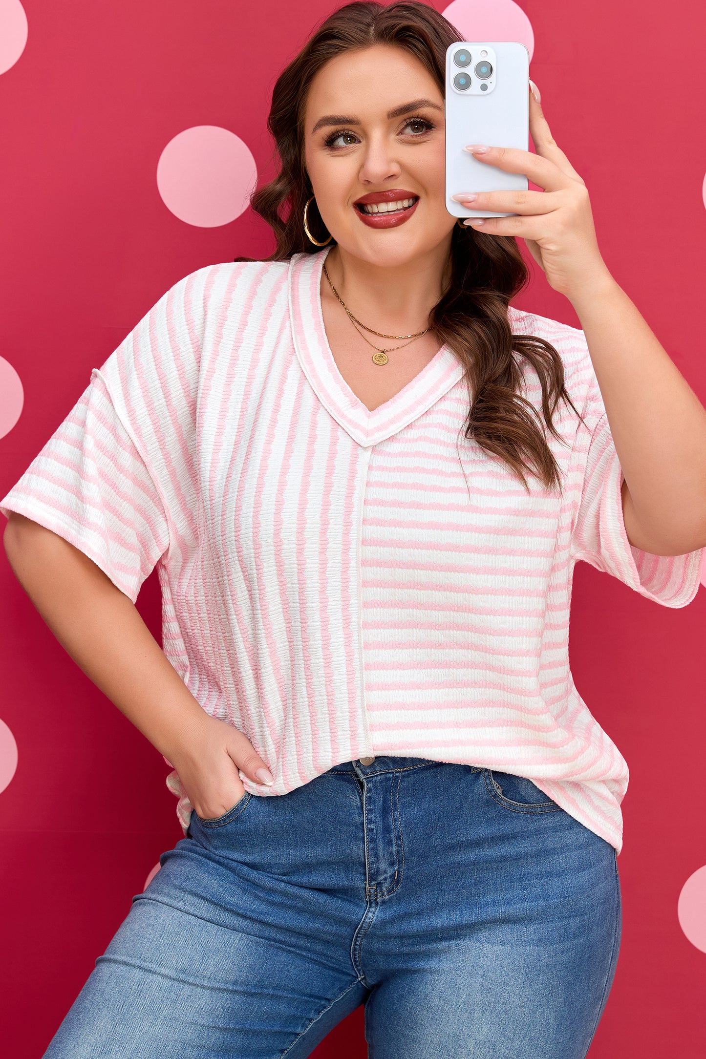 Pink Stripe Plus Size V Neck Exposed Seam Patchwork T Shirt-Plus Size/Plus Size Tops/Plus Size Tops & Tees-[Adult]-[Female]-2022 Online Blue Zone Planet
