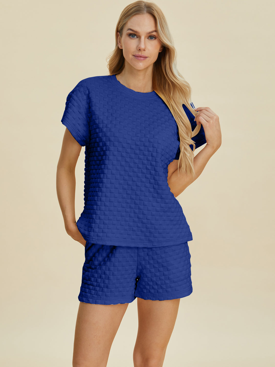 Double Take Full Size Texture T-Shirt and Shorts Set-TOPS / DRESSES-[Adult]-[Female]-Royal Blue-S-2022 Online Blue Zone Planet