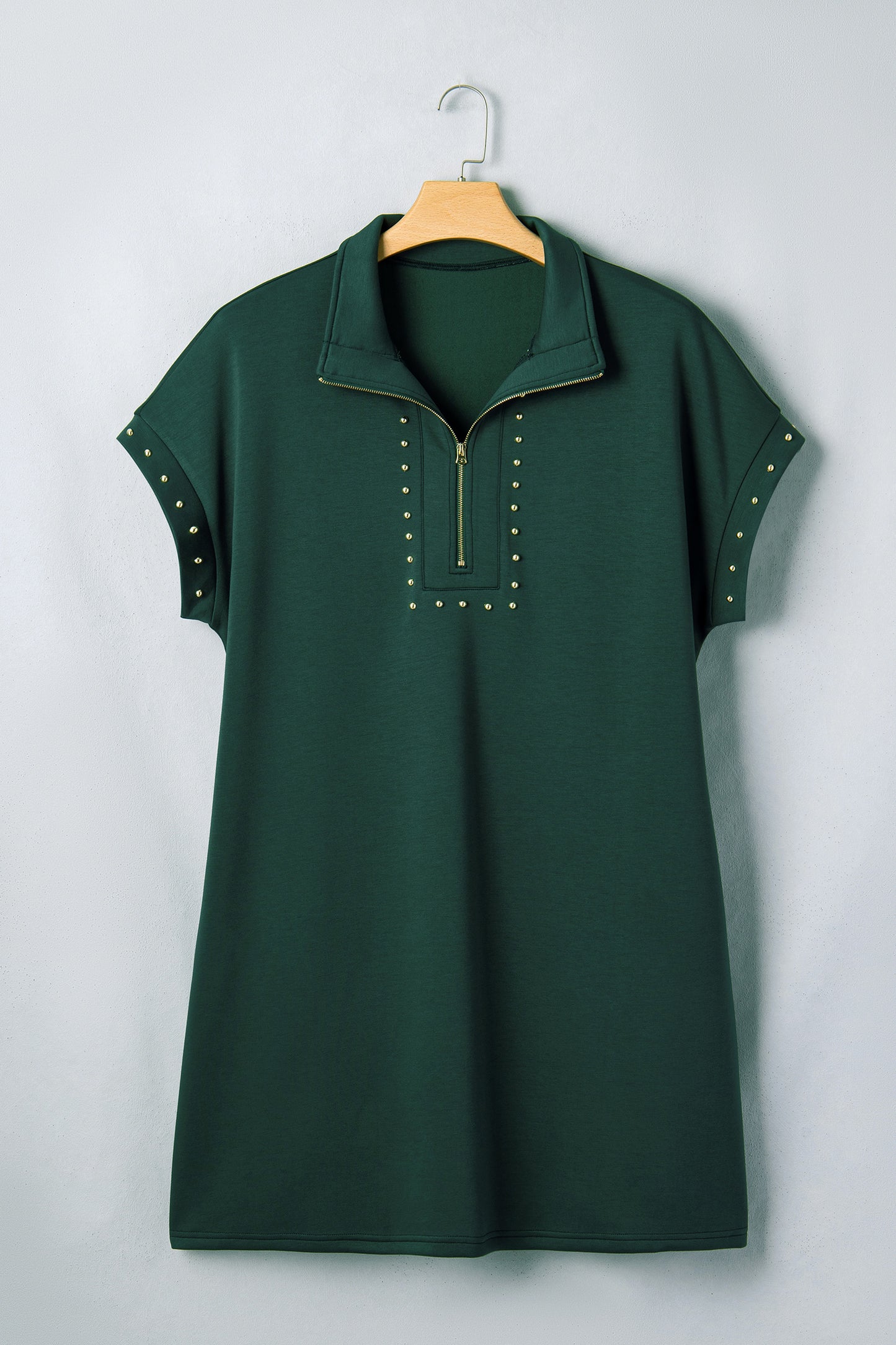 Evergreen Plus Size Glow Studded Zip up T Shirt Dress with Pockets-Plus Size/Plus Size Dresses/Plus Size Mini Dresses-[Adult]-[Female]-2022 Online Blue Zone Planet