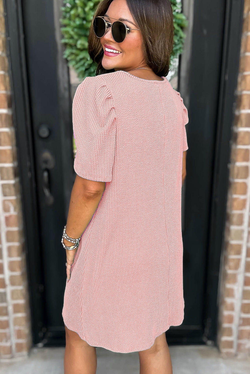 Blossom Corded Knit Crew Neck Puff Sleeve Shift Mini Dress-Dresses/T Shirt Dresses-[Adult]-[Female]-2022 Online Blue Zone Planet