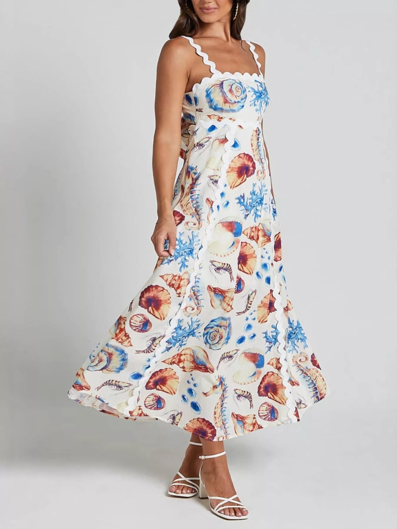 knee length dresses for ladies Linda's Seashell Print Scalloped Midi Dress