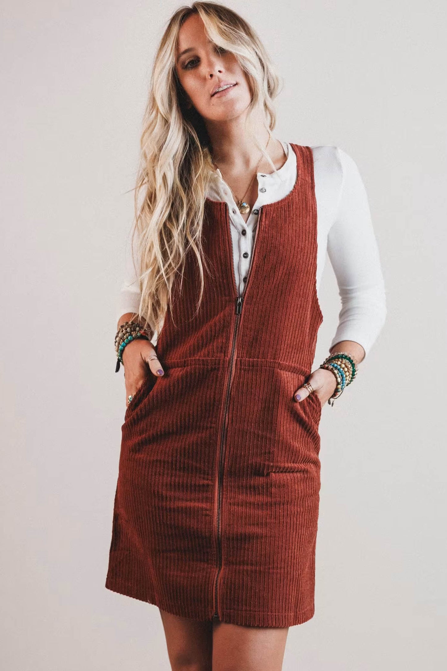 Clay Ribbed Corduroy Zip-Up Sleeveless Pocket Sheath Dress-Dresses/Mini Dresses-[Adult]-[Female]-2022 Online Blue Zone Planet