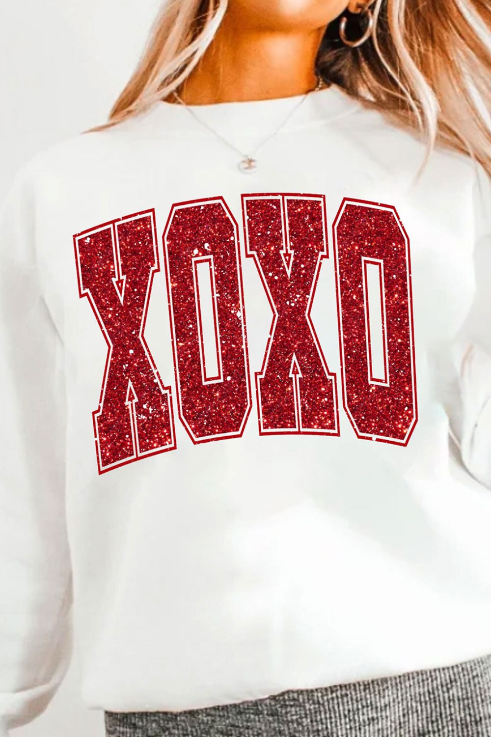 Valentine’s Day XOXO Glitter Round Neck Sweatshirt-TOPS / DRESSES-[Adult]-[Female]-2022 Online Blue Zone Planet