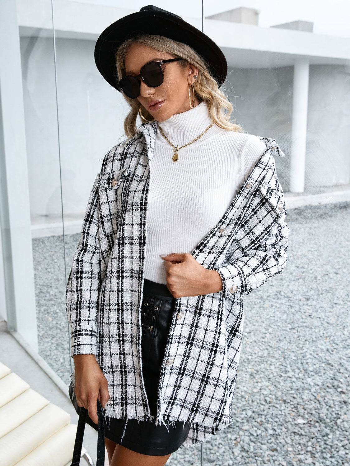 Plaid Pocketed Button Up Dropped Shoulder Jacket-TOPS / DRESSES-[Adult]-[Female]-2022 Online Blue Zone Planet