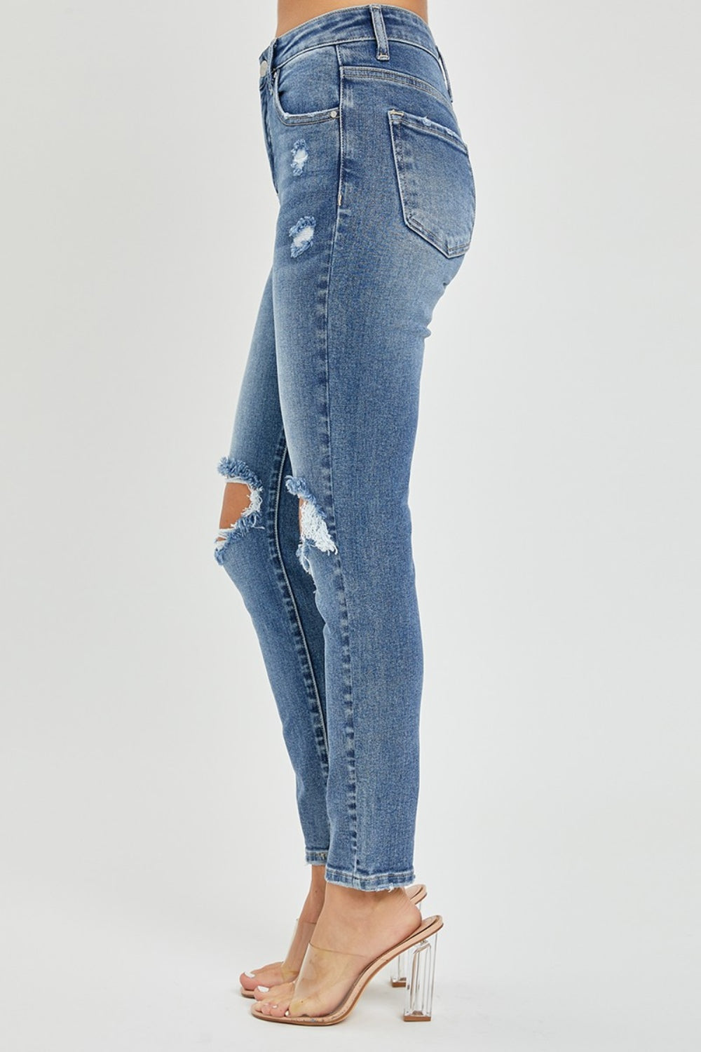 Blue Zone Planet | Risen Full Size High Rise Knee Distressed Skinny Jeans-BOTTOMS SIZES SMALL MEDIUM LARGE-[Adult]-[Female]-2022 Online Blue Zone Planet