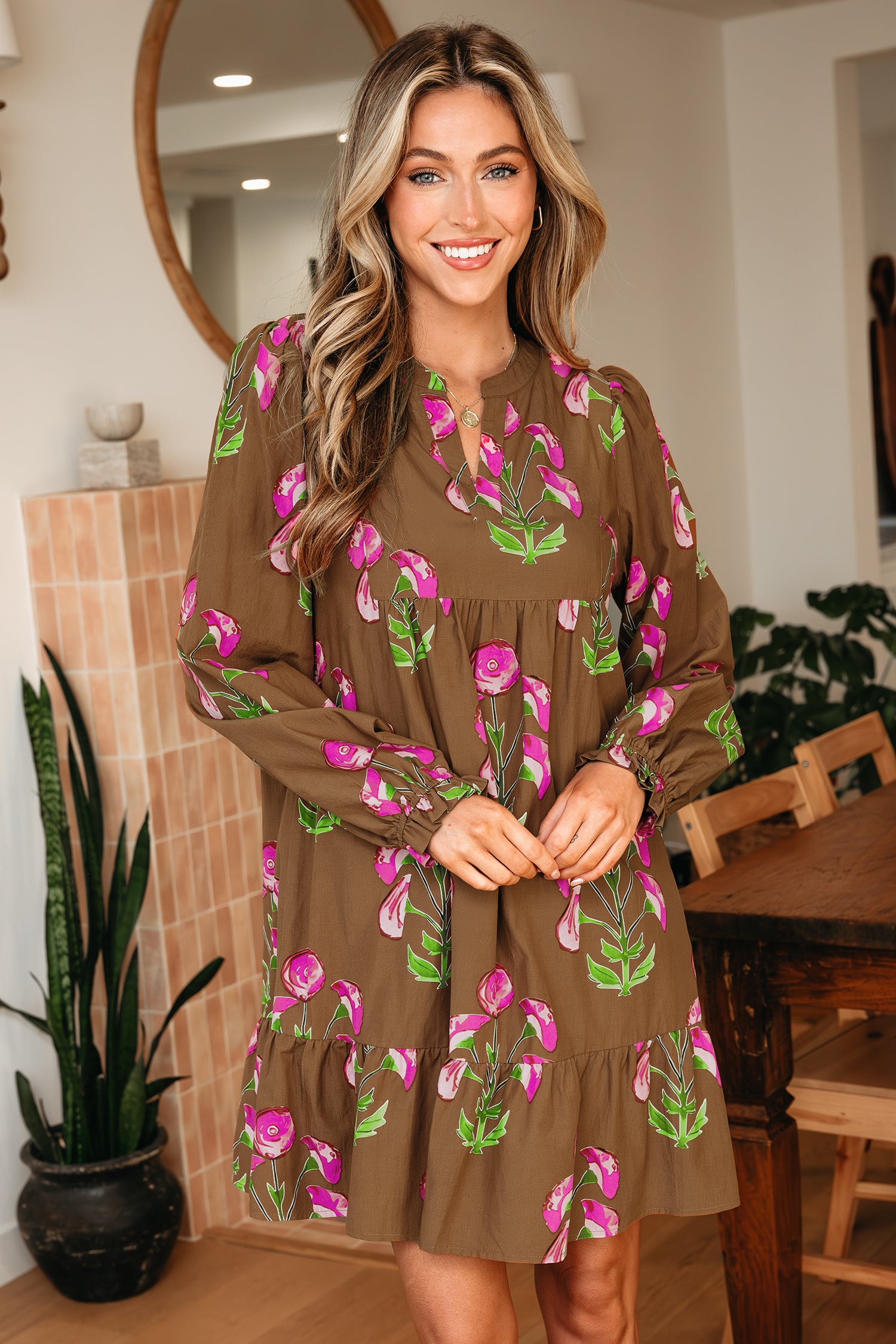 Brown Contrast Floral Print Babydoll Tunic Ruffled Hem Puff Sleeve Dress-TOPS / DRESSES-[Adult]-[Female]-2022 Online Blue Zone Planet