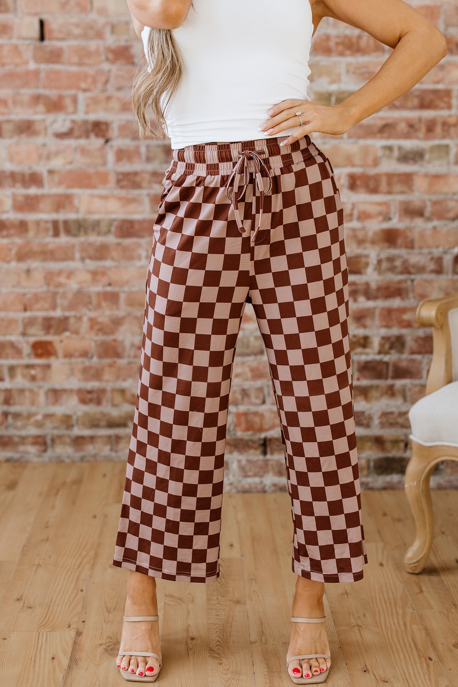 Khaki Checkered Elastic High Waist Loose Casual Pants-Bottoms/Pants & Culotte-[Adult]-[Female]-2022 Online Blue Zone Planet