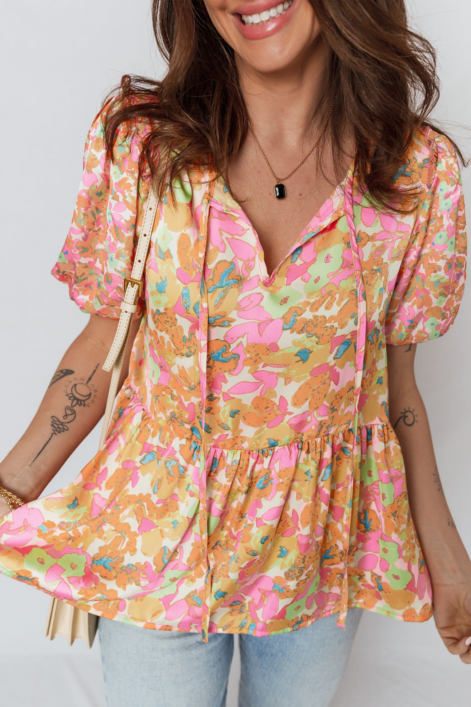 Orange Split V Neck Short Sleeve Flower Blouse-Tops/Blouses & Shirts-[Adult]-[Female]-2022 Online Blue Zone Planet