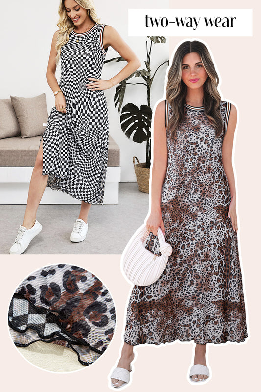 Multicolour Leopard Checkered Double Printed Reversible Sleeveless Long Dress-TOPS / DRESSES-[Adult]-[Female]-2022 Online Blue Zone Planet