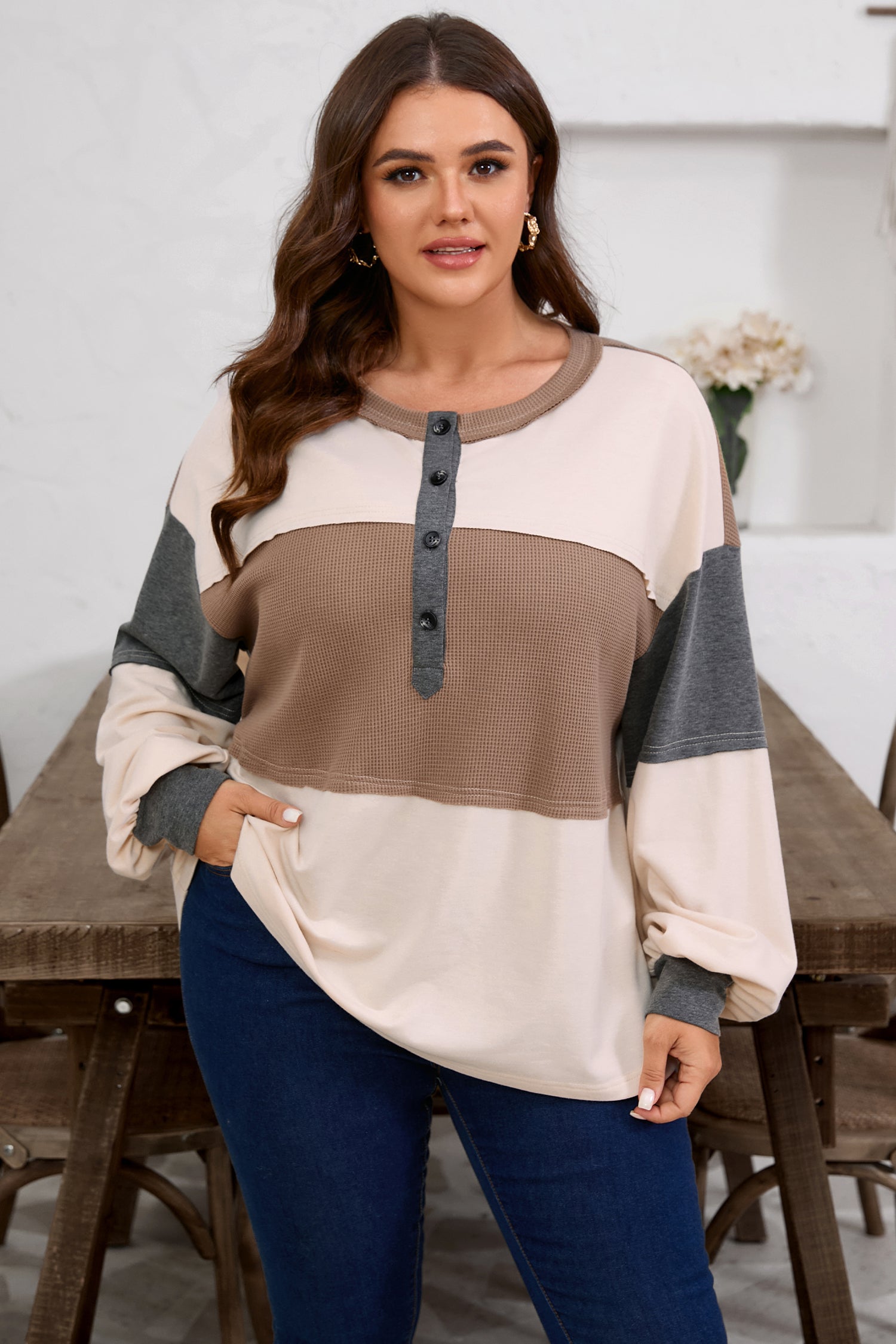 Jet Stream Waffle Patchwork Colorblock Half Buttons Casual Plus Size Knit Jumper-Plus Size/Plus Size Tops/Plus Size Long Sleeve Tops-[Adult]-[Female]-2022 Online Blue Zone Planet