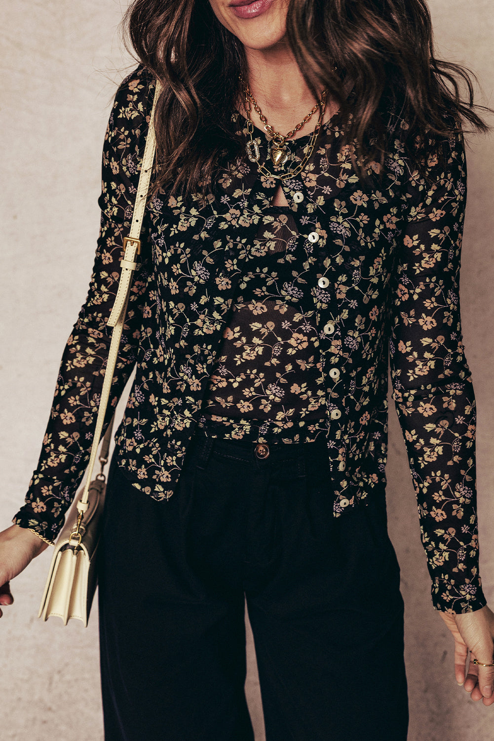 Black Floral Print Mesh Tank Button Front Slim Cardigan 2pcs Set-Tops/Long Sleeve Tops-[Adult]-[Female]-2022 Online Blue Zone Planet