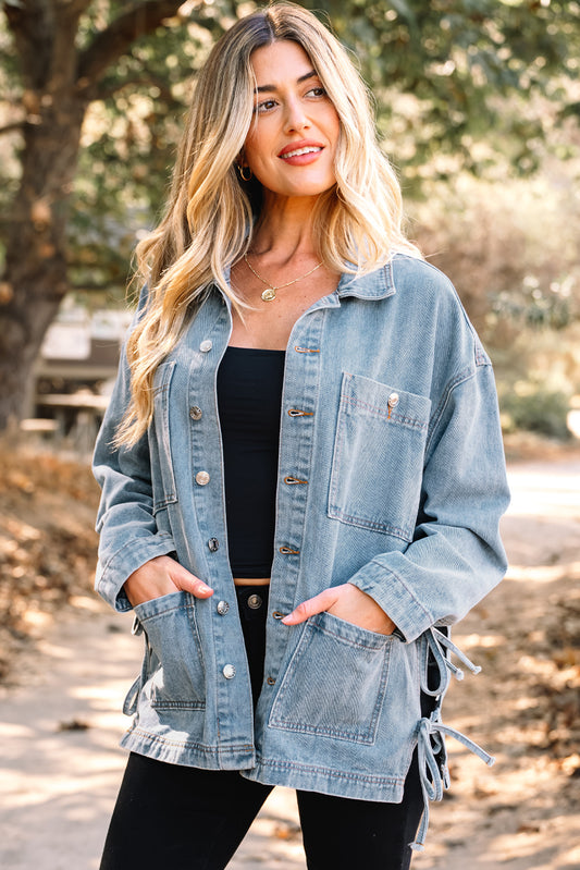 Beau Blue Multi Patched Pockets Side Tie up Boyfriend Style Denim Jacket-Outerwear/Denim jackets-[Adult]-[Female]-Beau Blue-S-2022 Online Blue Zone Planet