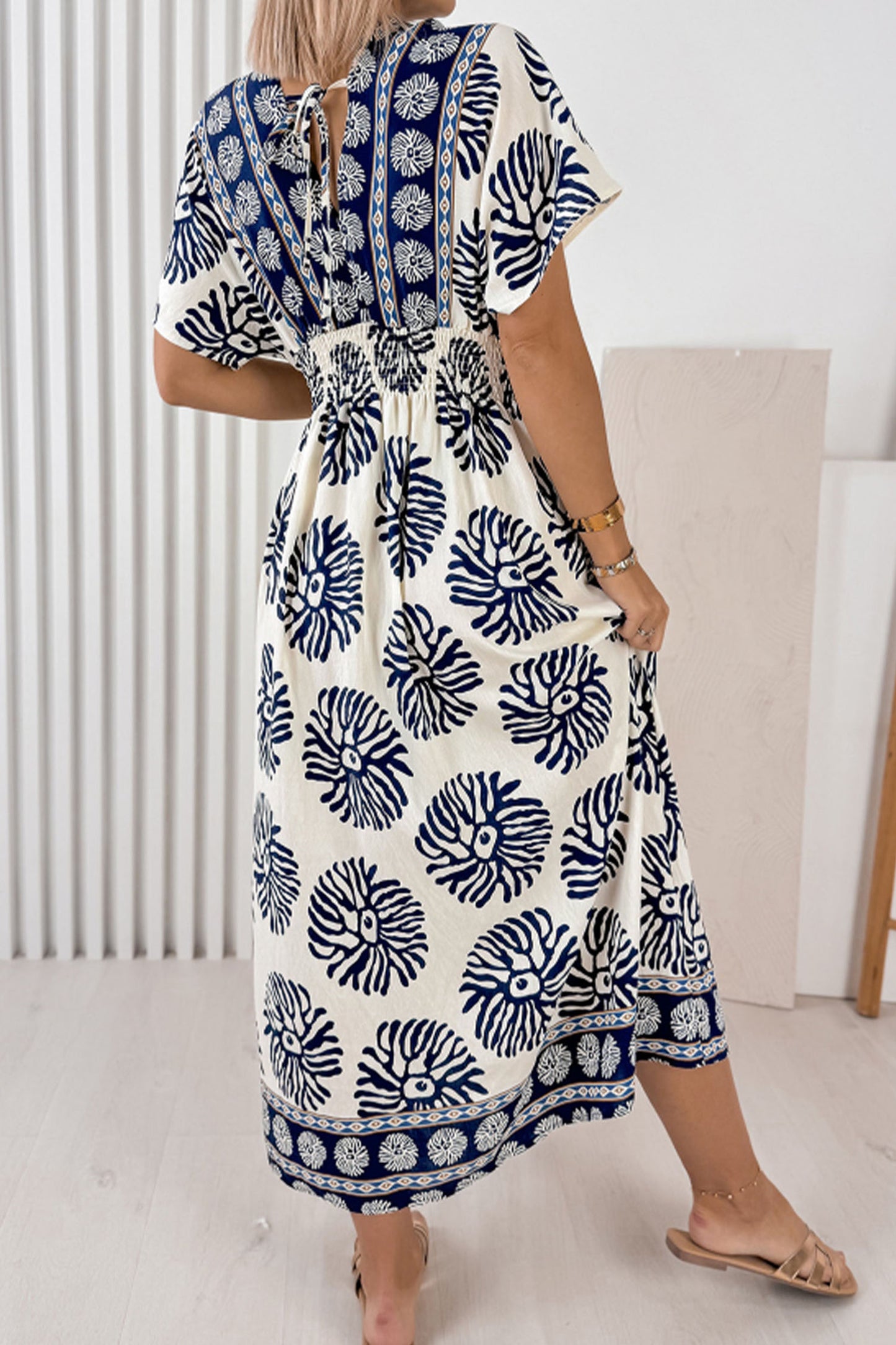 Blue Boho Floral Print Contrast Patchwork V Neck Dolman Maxi Dress-TOPS / DRESSES-[Adult]-[Female]-2022 Online Blue Zone Planet
