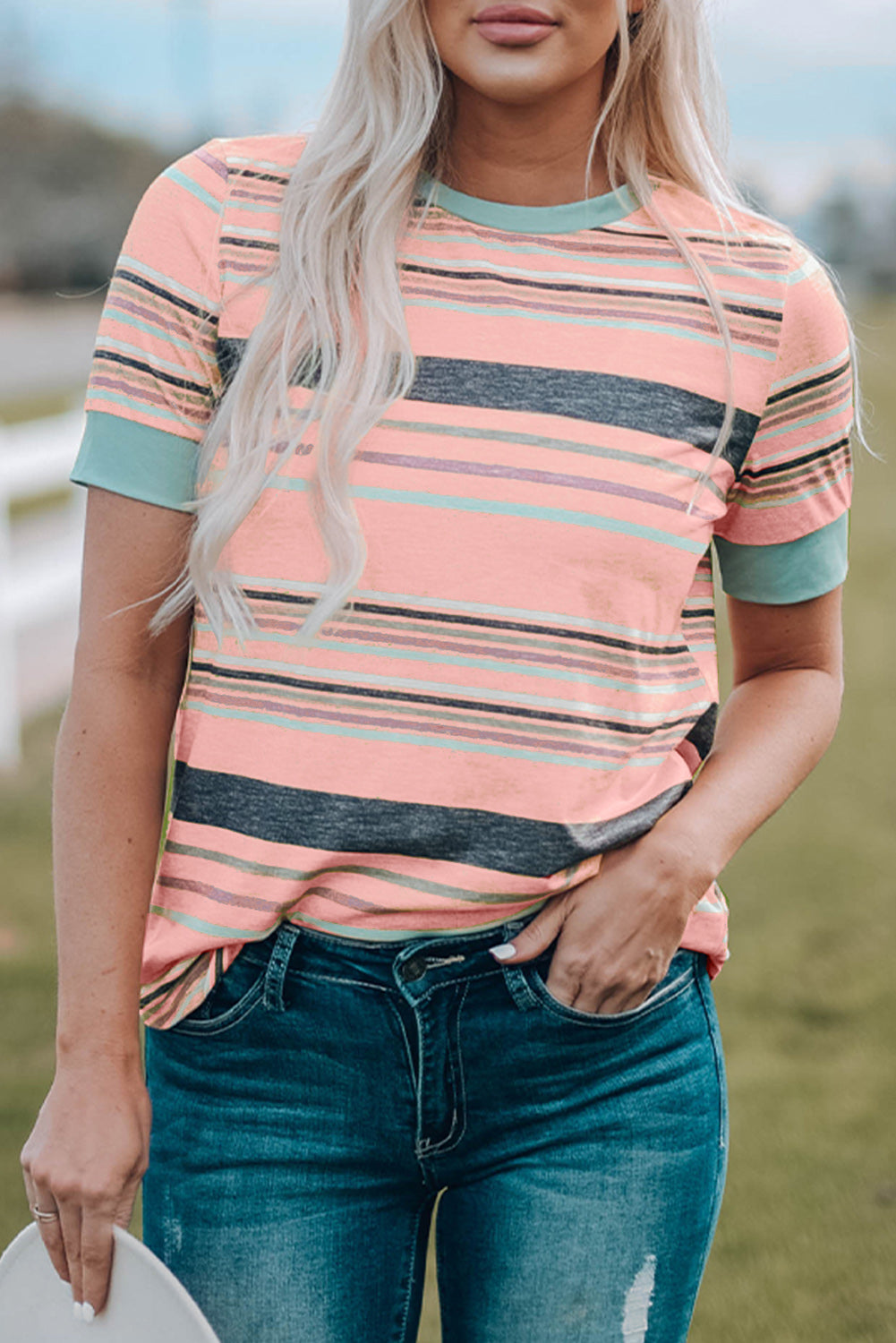 Pink Multicolor Stripes Crew Neck T Shirt-Tops/Tops & Tees-[Adult]-[Female]-Pink-S-2022 Online Blue Zone Planet