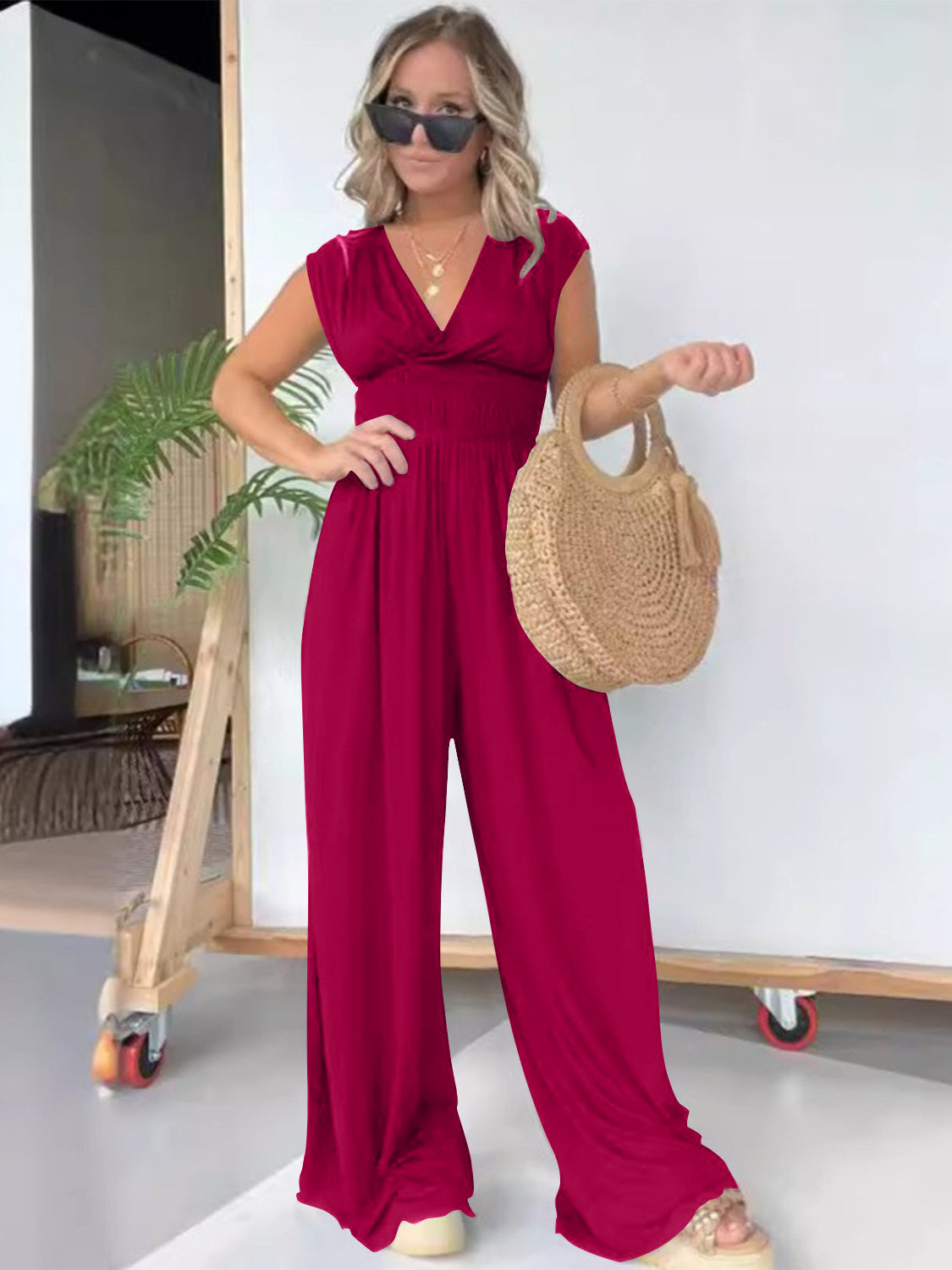 Smocked Cap Sleeve Wide Leg Jumpsuit-TOPS / DRESSES-[Adult]-[Female]-Red-Violet-S-2022 Online Blue Zone Planet