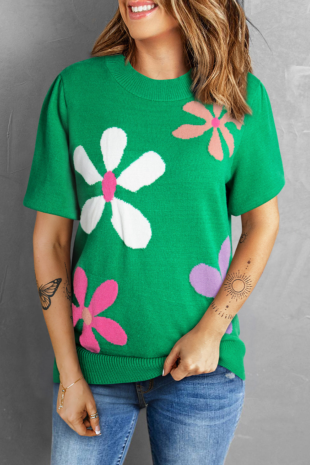 Bright Green Floral Bubble Short Sleeve Sweater-TOPS / DRESSES-[Adult]-[Female]-Bright Green-S-2022 Online Blue Zone Planet