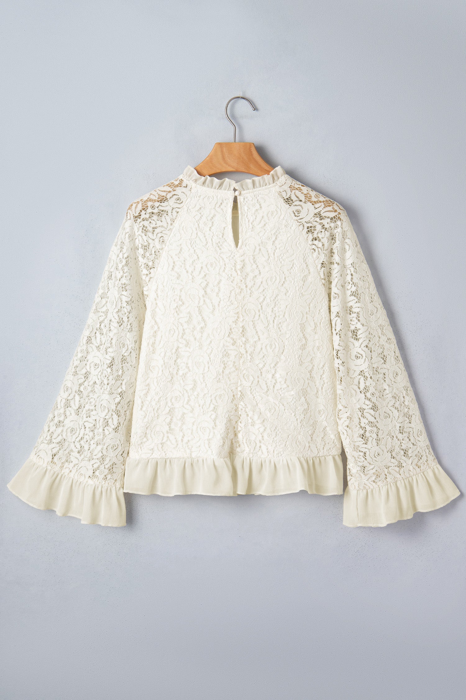White Sheer Lace Long Sleeve Ruffle Trim Loose Blouse-Tops/Blouses & Shirts-[Adult]-[Female]-2022 Online Blue Zone Planet