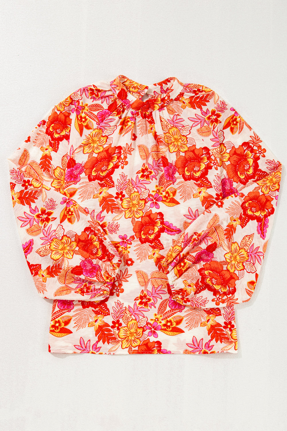 Blue Zone Planet | Orange Floral Print Pearl Button Keyhole Long Puff Sleeve Blouse-Tops/Blouses & Shirts-[Adult]-[Female]-2022 Online Blue Zone Planet