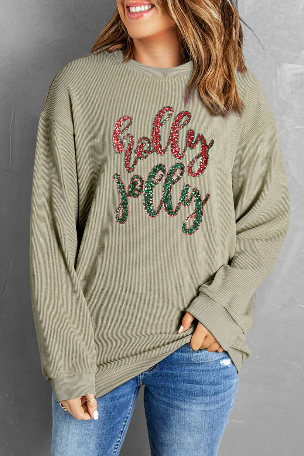 Green Sequined holly jolly Graphic Corded Sweatshirt-Graphic/Graphic Sweatshirts-[Adult]-[Female]-2022 Online Blue Zone Planet