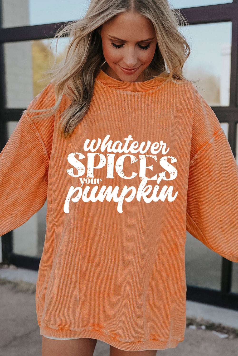 Orange Whatever Spices Your Pumpkin Graphic Corded Pullover Sweatshirt-Graphic/Graphic Sweatshirts-[Adult]-[Female]-2022 Online Blue Zone Planet