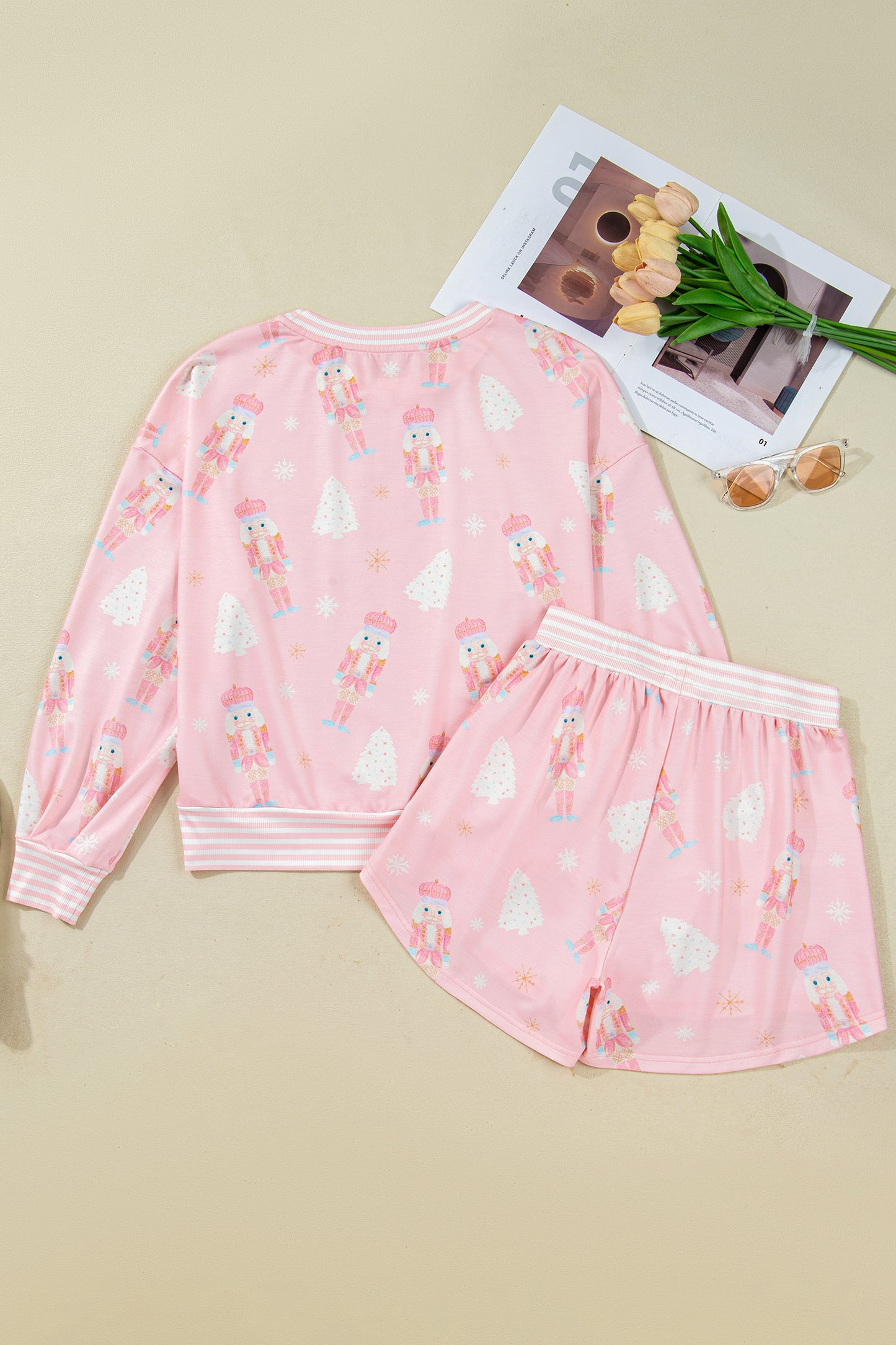 Pink Christmas Tree Nutcracker Doll Print Contrast Trim Long Sleeve Top Matching Shorts Set-Two Piece Sets/Short Sets-[Adult]-[Female]-2022 Online Blue Zone Planet