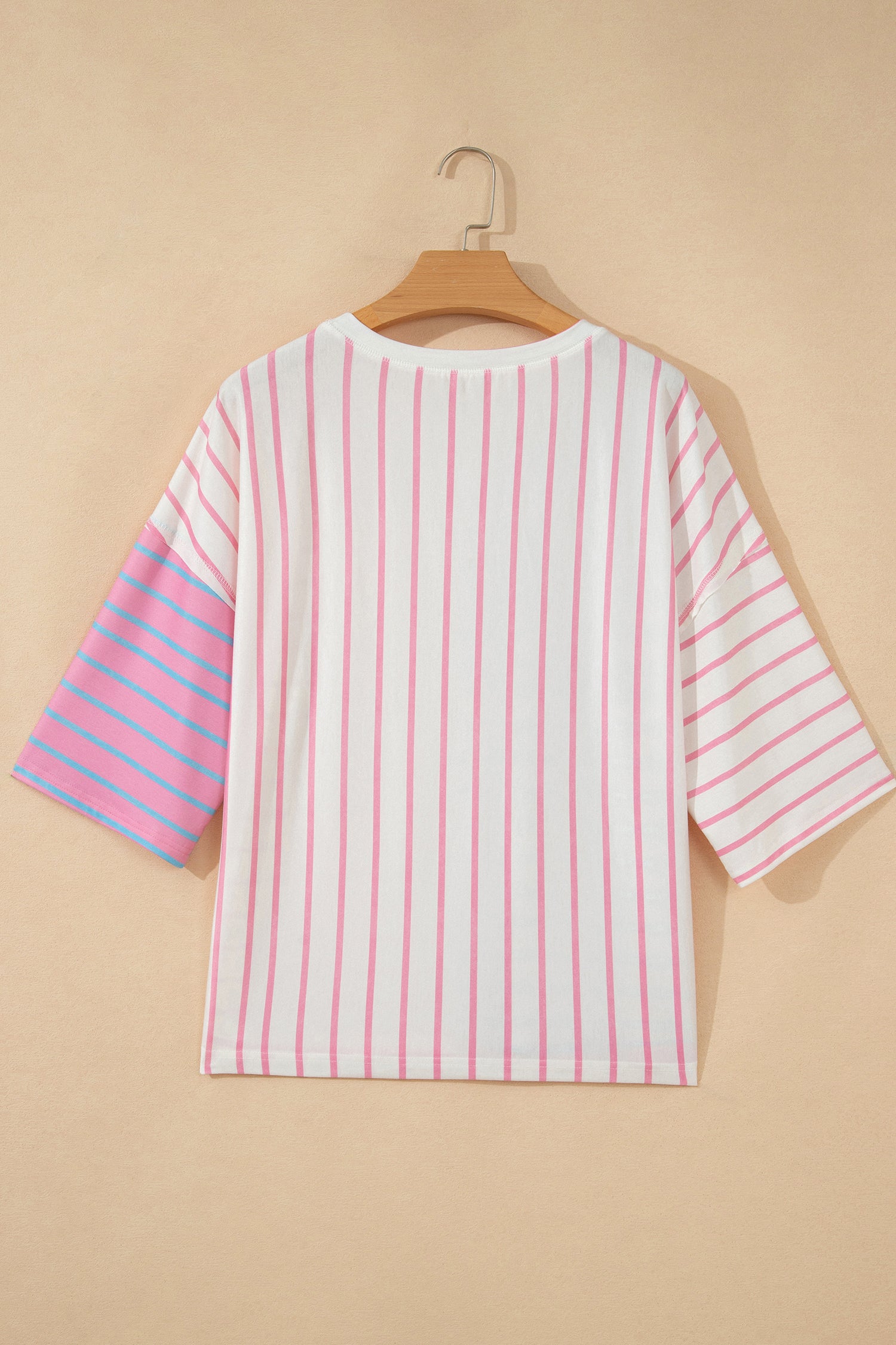 Green Stripe Colorblock 3/4 Sleeve Loose T Shirt-Tops/Tops & Tees-[Adult]-[Female]-2022 Online Blue Zone Planet