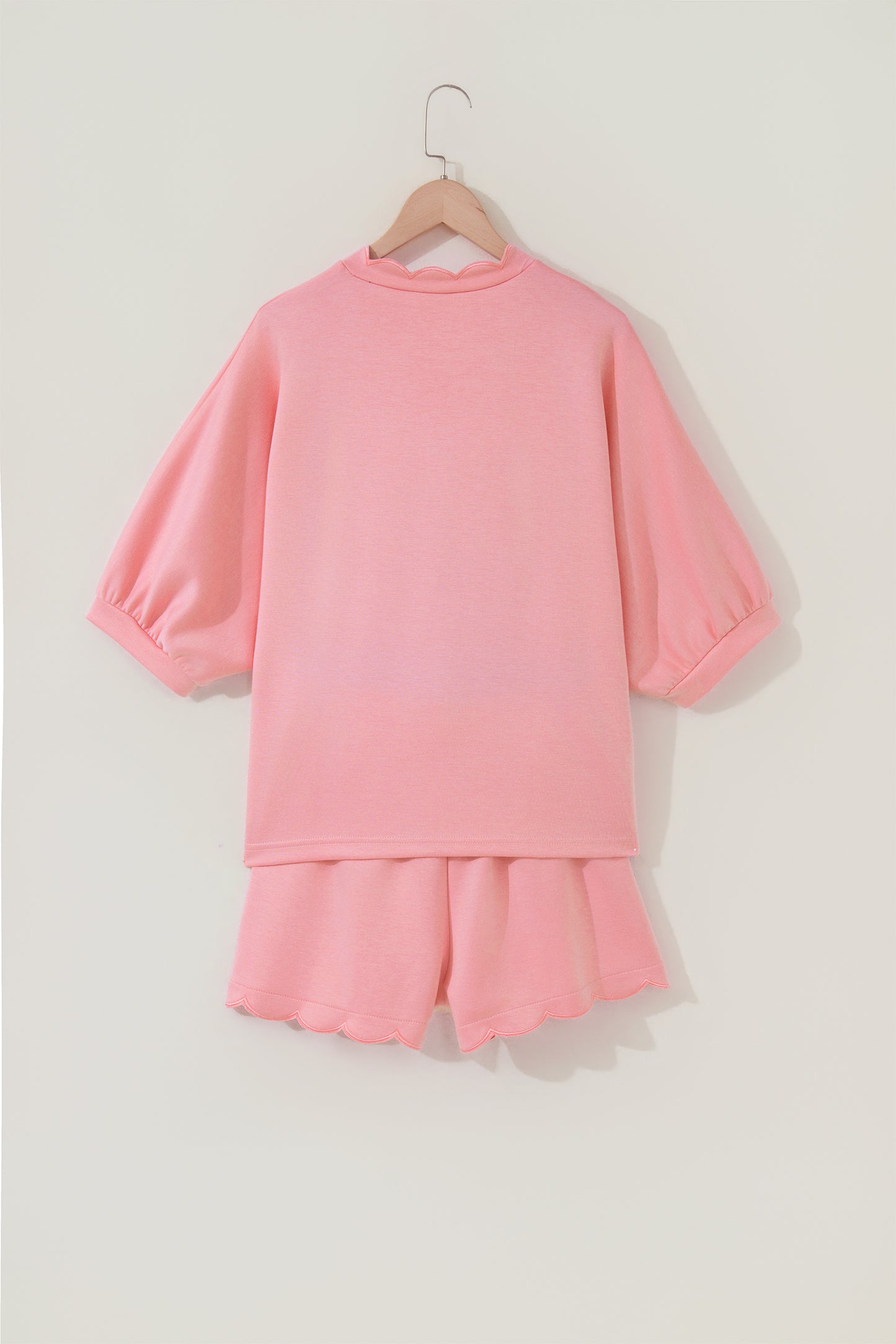 Gossamer Pink Scalloped V Neck Dolman Oversize Top Drawstring Short Set-Two Piece Sets/Short Sets-[Adult]-[Female]-2022 Online Blue Zone Planet