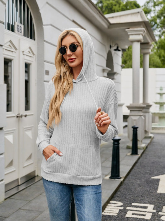 Ribbed Drawstring Long Sleeve Hoodie-TOPS / DRESSES-[Adult]-[Female]-Light Gray-S-2022 Online Blue Zone Planet