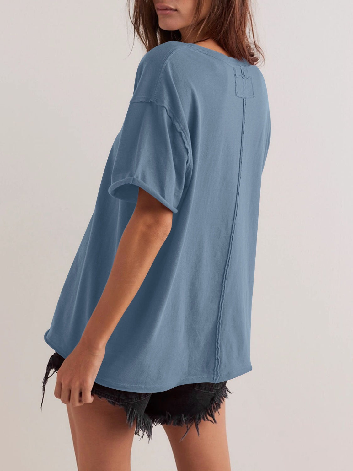 Lovelet Exposed Seam Round Neck Half Sleeve T-Shirt-TOPS / DRESSES-[Adult]-[Female]-Dusty Blue-S-2022 Online Blue Zone Planet