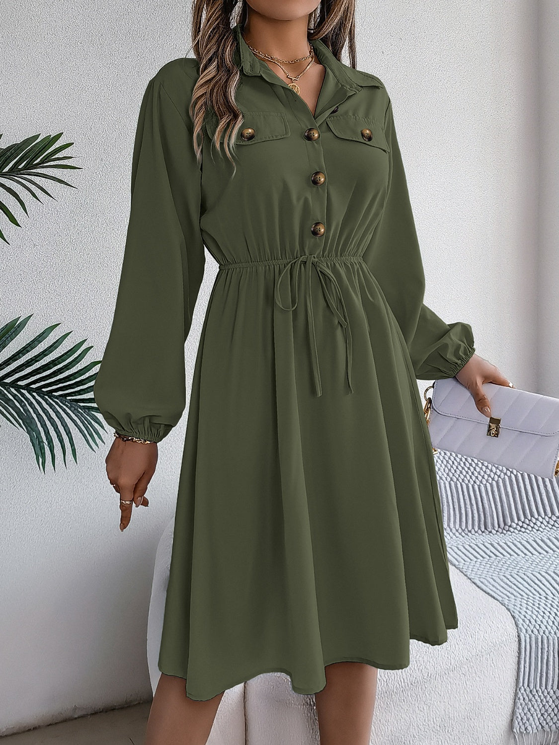 Blue Zone Planet | Collared Neck Long Sleeve Dress with Pockets-TOPS / DRESSES-[Adult]-[Female]-Army Green-S-2022 Online Blue Zone Planet