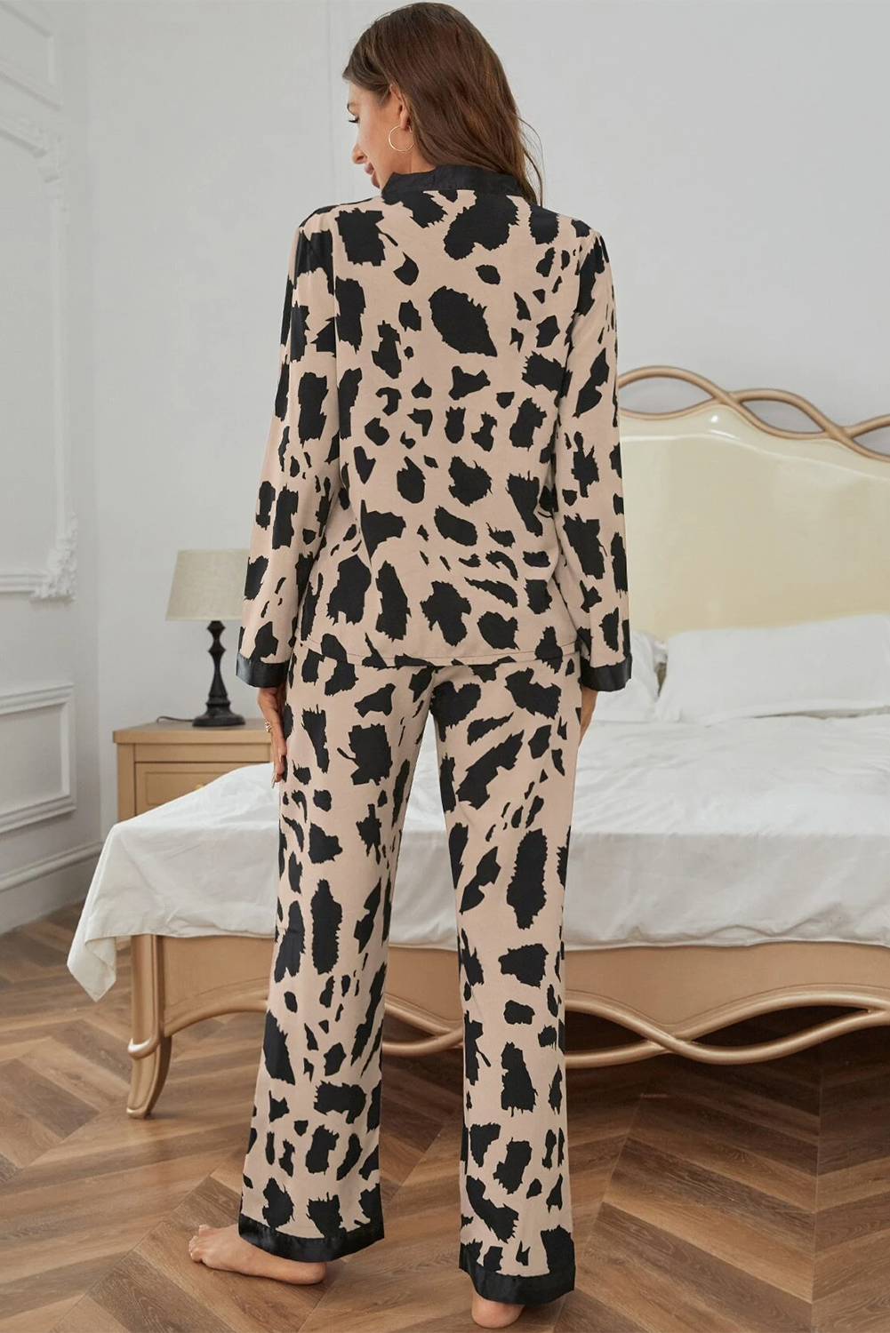 Khaki Cheetah Contrast Trim Loose Fit Two Piece Sleepwear-Loungewear & Sleepwear/Sleepwear-[Adult]-[Female]-2022 Online Blue Zone Planet