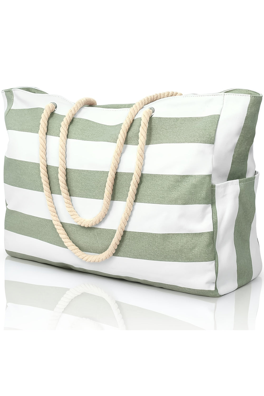 Grass Green Striped Rope Handle Canvas Large Tote Bag-Tote Bags-[Adult]-[Female]-2022 Online Blue Zone Planet