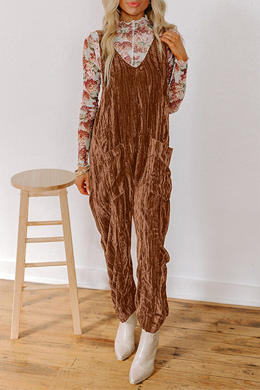 Chicory Coffee Velvet Adjustable Straps Patched Pocket Sleeveless Jumpsuit-Bottoms/Jumpsuits & Rompers-[Adult]-[Female]-Chicory Coffee-S-2022 Online Blue Zone Planet