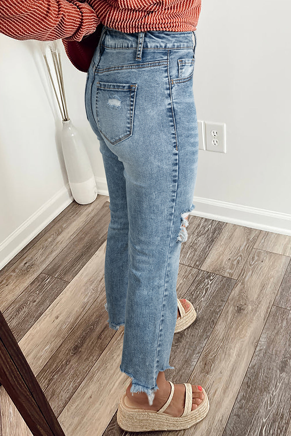 Myosotis Raw Hem Ripped Open Knee Fit Flare Jeans-TOPS / DRESSES-[Adult]-[Female]-2022 Online Blue Zone Planet