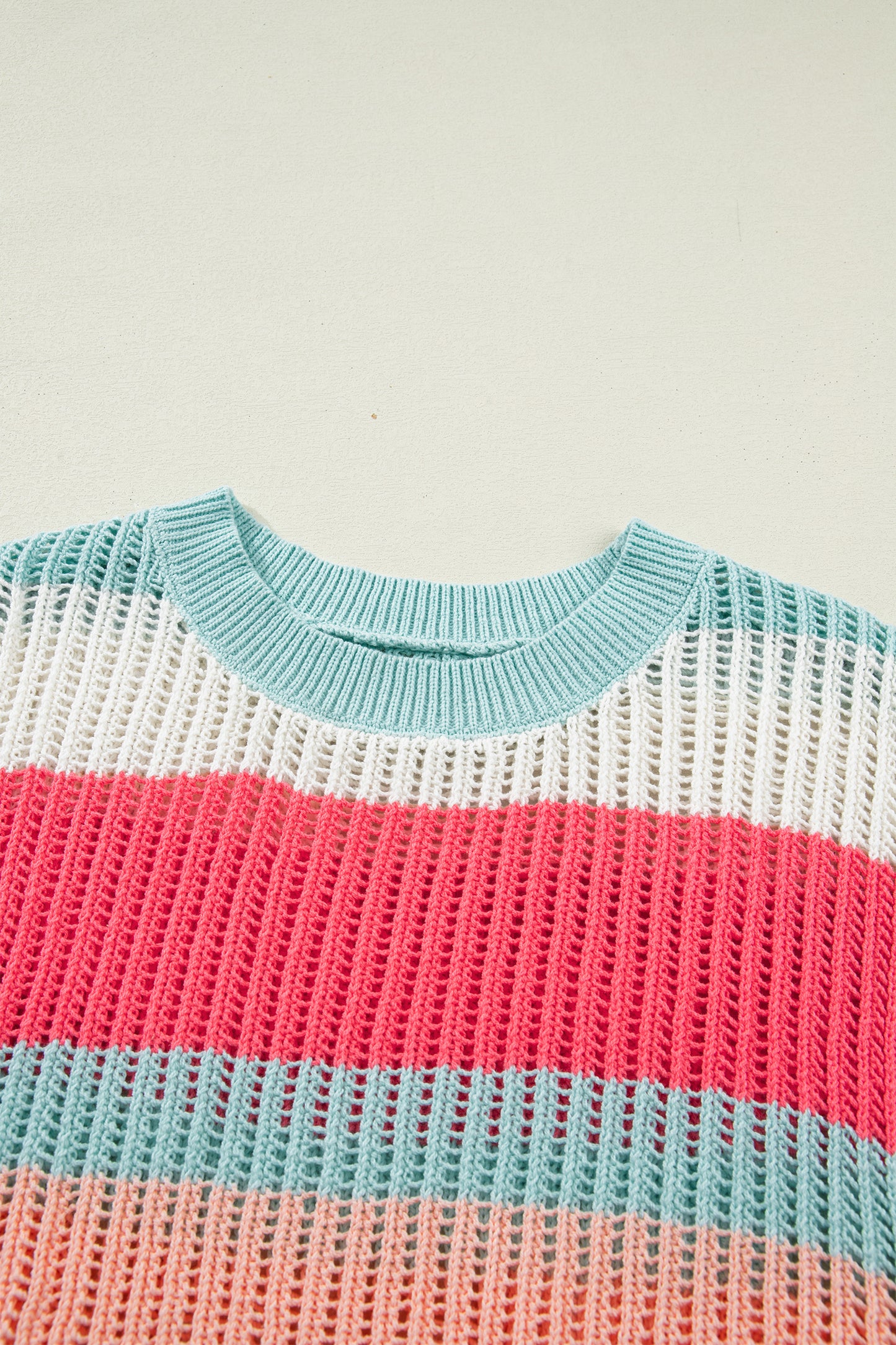 Green Stripe Color Block Hollow Out Knit Short Sleeve Sweater-TOPS / DRESSES-[Adult]-[Female]-2022 Online Blue Zone Planet