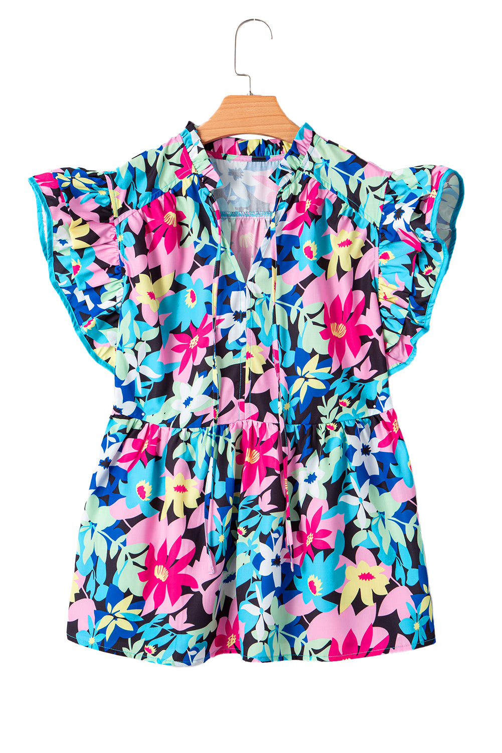 Blue Floral Flutter Sleeve Tied Notched Neck Plus Size Blouse-Plus Size/Plus Size Tops/Plus Size Blouses & Shirts-[Adult]-[Female]-2022 Online Blue Zone Planet