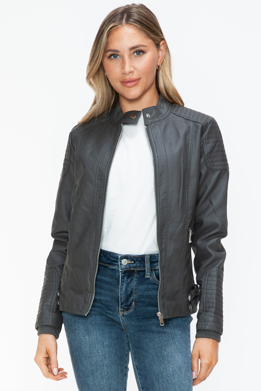 Blue Zone Planet | Snobbish Faux Leather Biker Jacket with Side Zip Pockets-TOPS / DRESSES-[Adult]-[Female]-Charcoal-S-2022 Online Blue Zone Planet