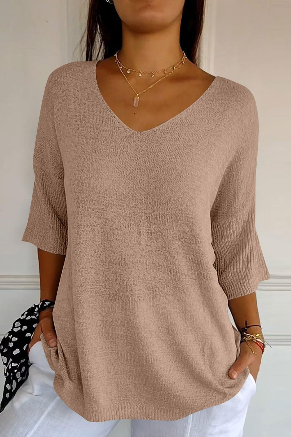 V-Neck Three-Quarter Sleeve Knit Top-TOPS / DRESSES-[Adult]-[Female]-Tan-One Size-2022 Online Blue Zone Planet