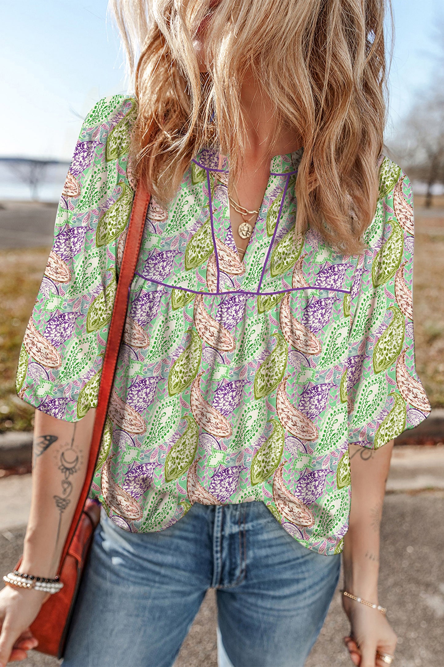 Green Boho Paisley Print Half Puff Sleeve Blouse-Tops/Blouses & Shirts-[Adult]-[Female]-Green-S-2022 Online Blue Zone Planet