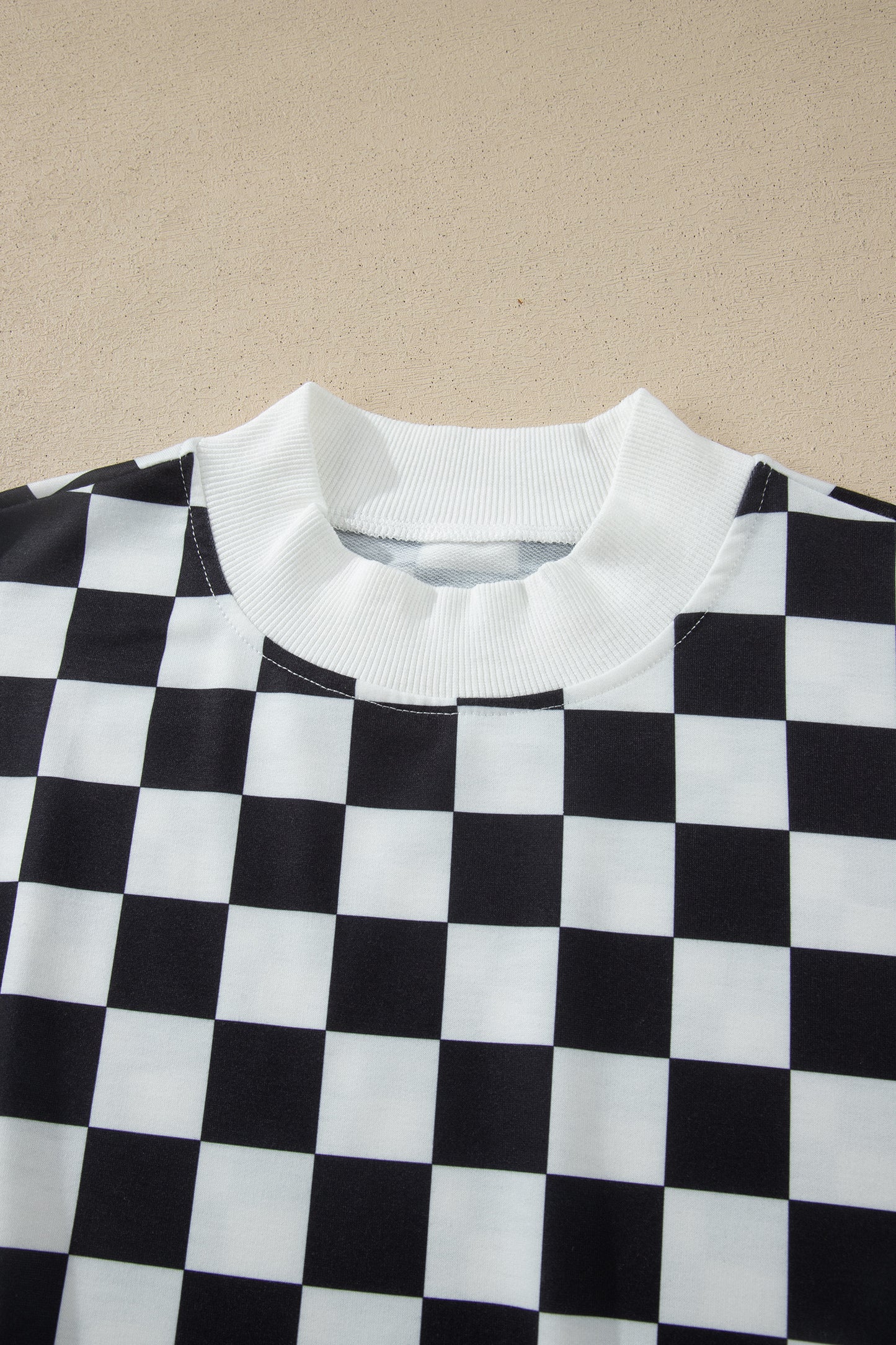 Pink Checkered Print Color Block Trim Mock Neck Short Set-Two Piece Sets/Short Sets-[Adult]-[Female]-2022 Online Blue Zone Planet