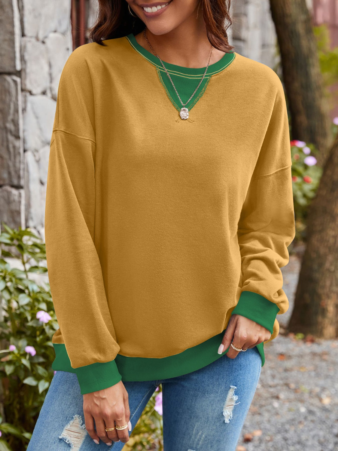 Blue Zone Planet | Lovelet Contrast Round Neck Long Sleeve Sweatshirt-TOPS / DRESSES-[Adult]-[Female]-Mustard-S-2022 Online Blue Zone Planet