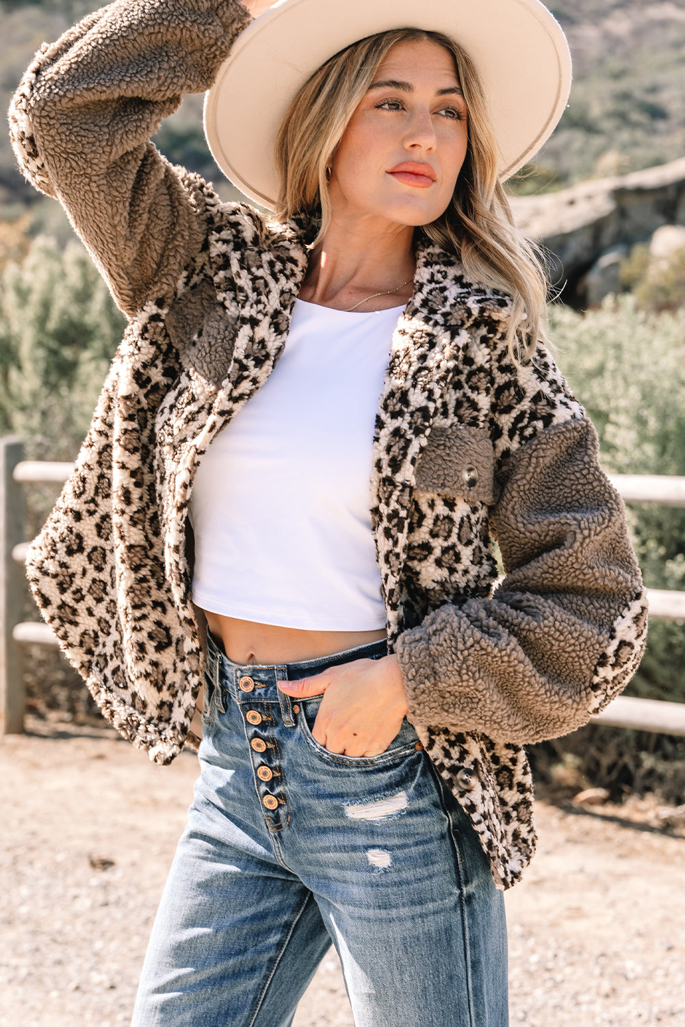 Brown Sherpa Leopard Print Flap Pocket Collared Button Up Jacket-Outerwear/Jackets-[Adult]-[Female]-2022 Online Blue Zone Planet