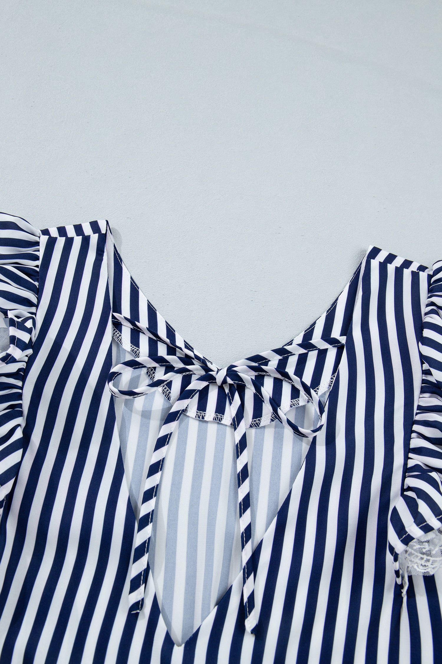 Blue Stripe V Neck Lace Contrast Ruffle Trim Tank Top-Tops/Tank Tops-[Adult]-[Female]-2022 Online Blue Zone Planet